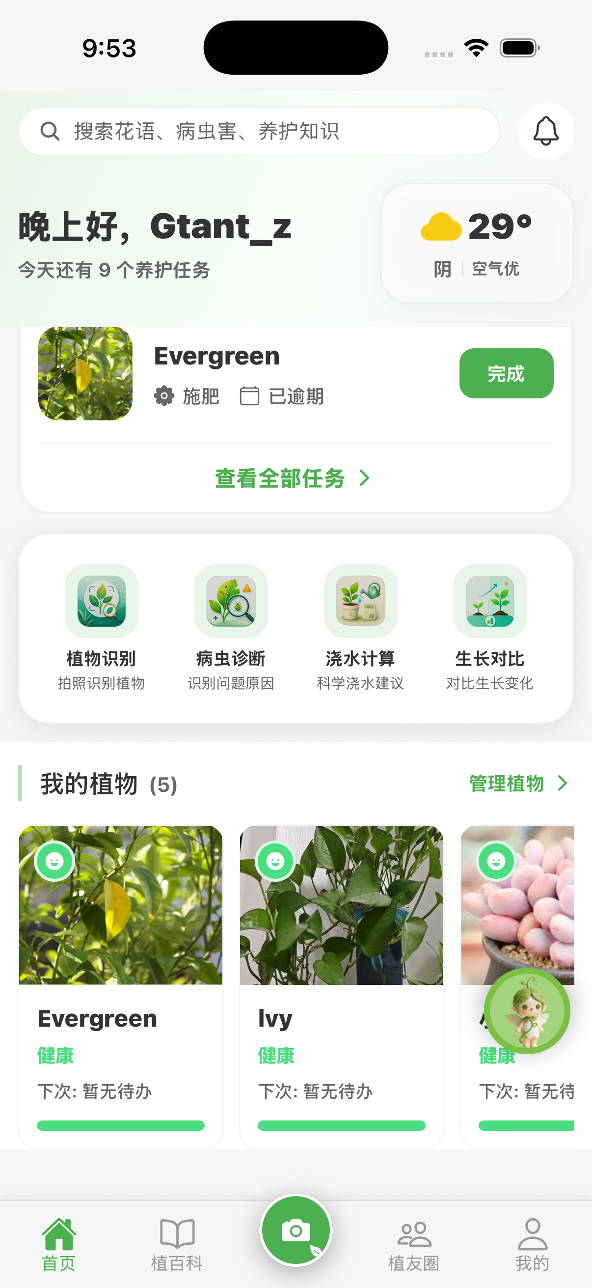 植伴 App 首页与养护任务