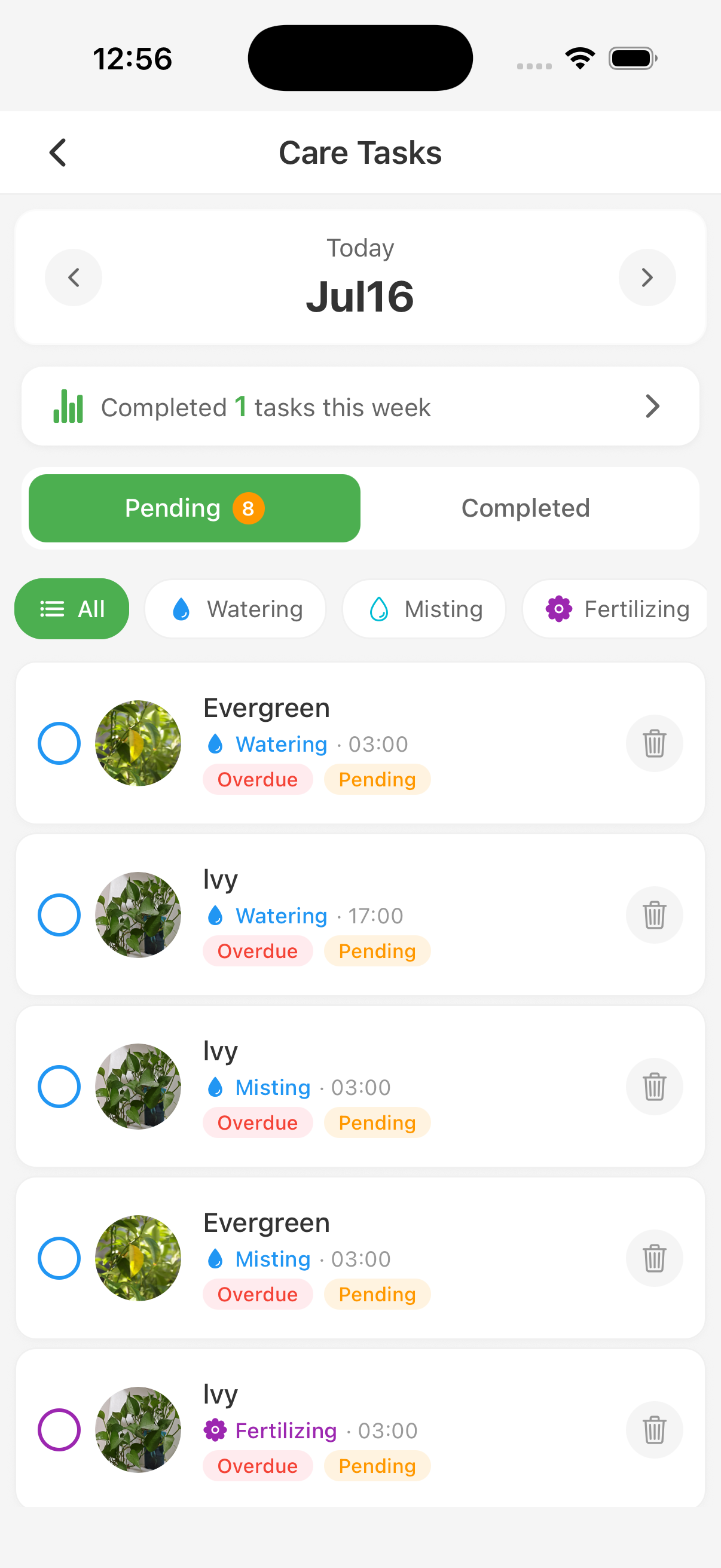 Personalized plant care task list