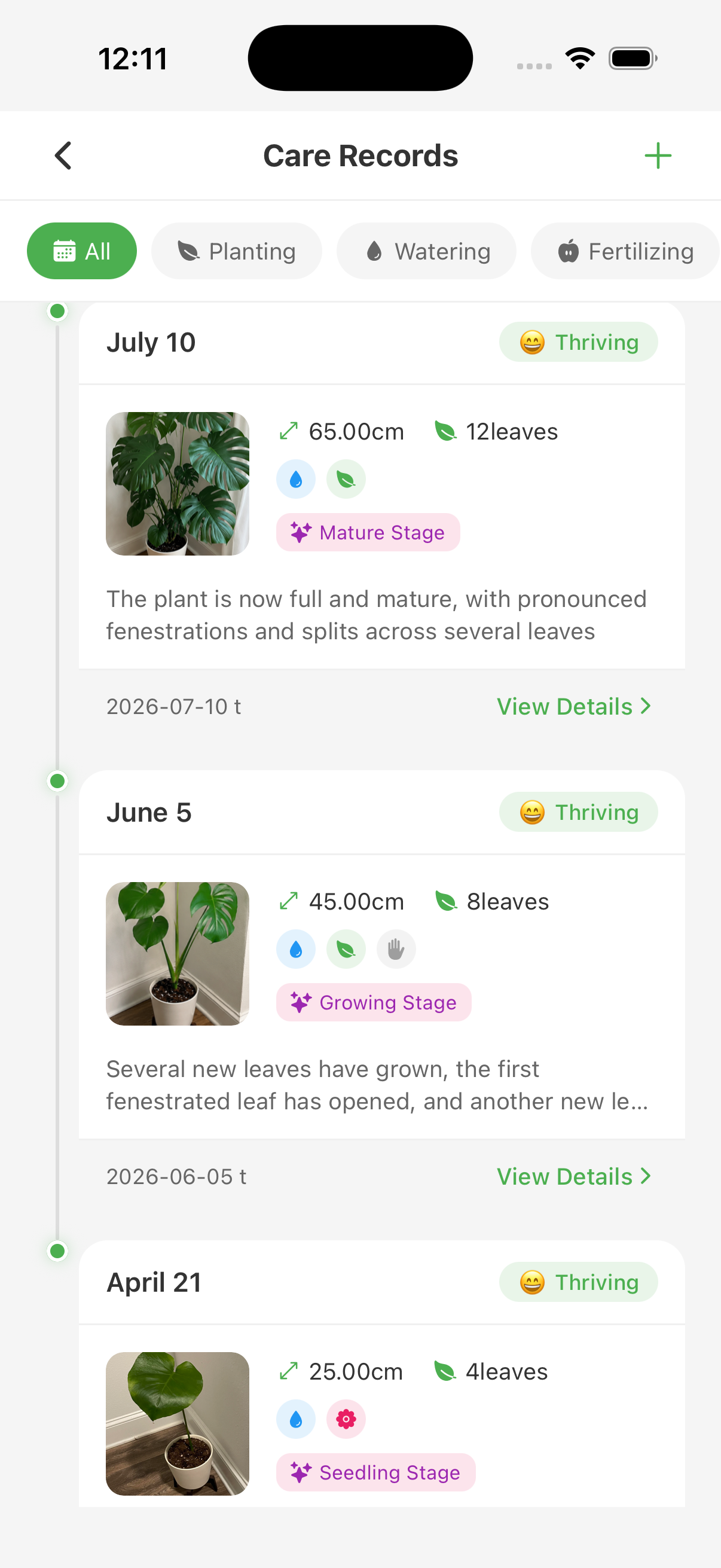 Plant growth timeline and care history