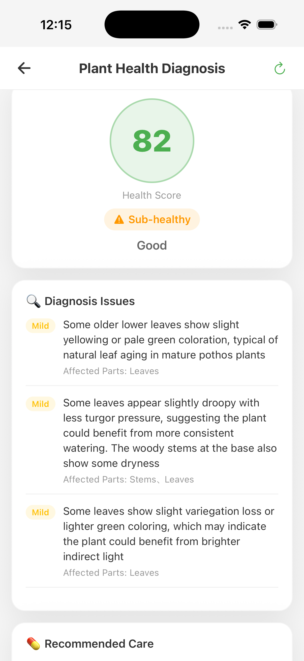 Plant health diagnosis summary