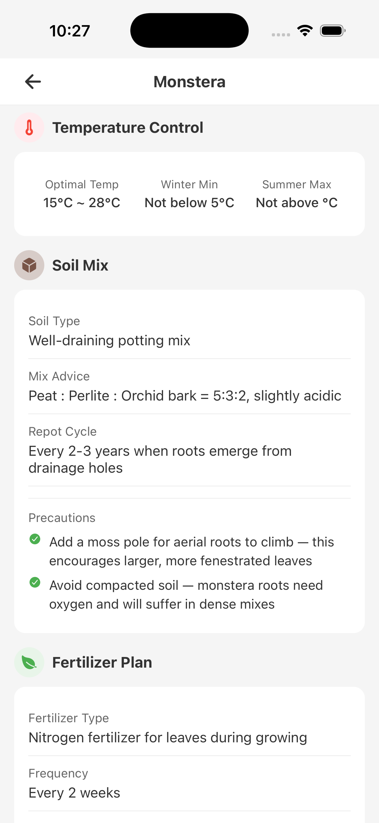 Temperature, potting mix, and fertilizer plan