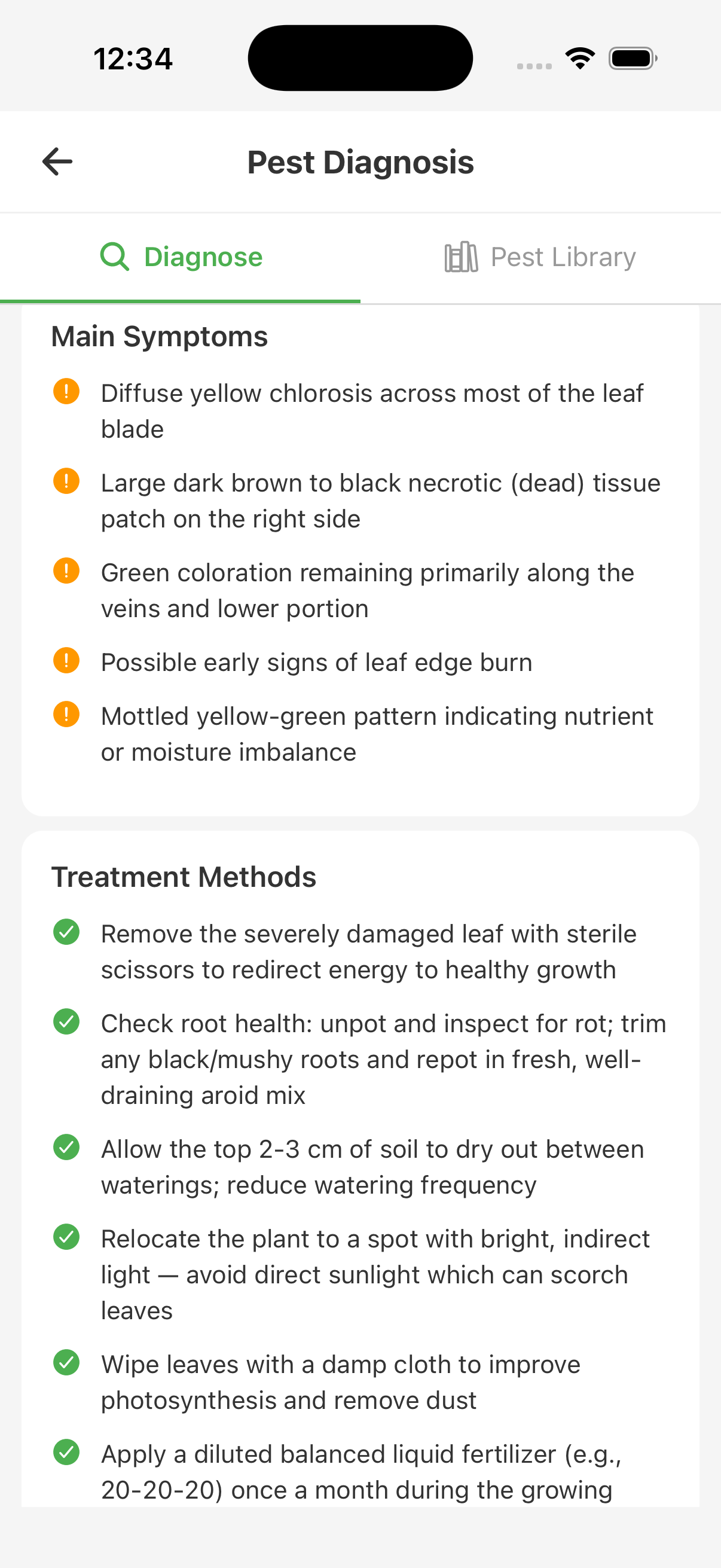 Pest diagnosis result and treatment guidance