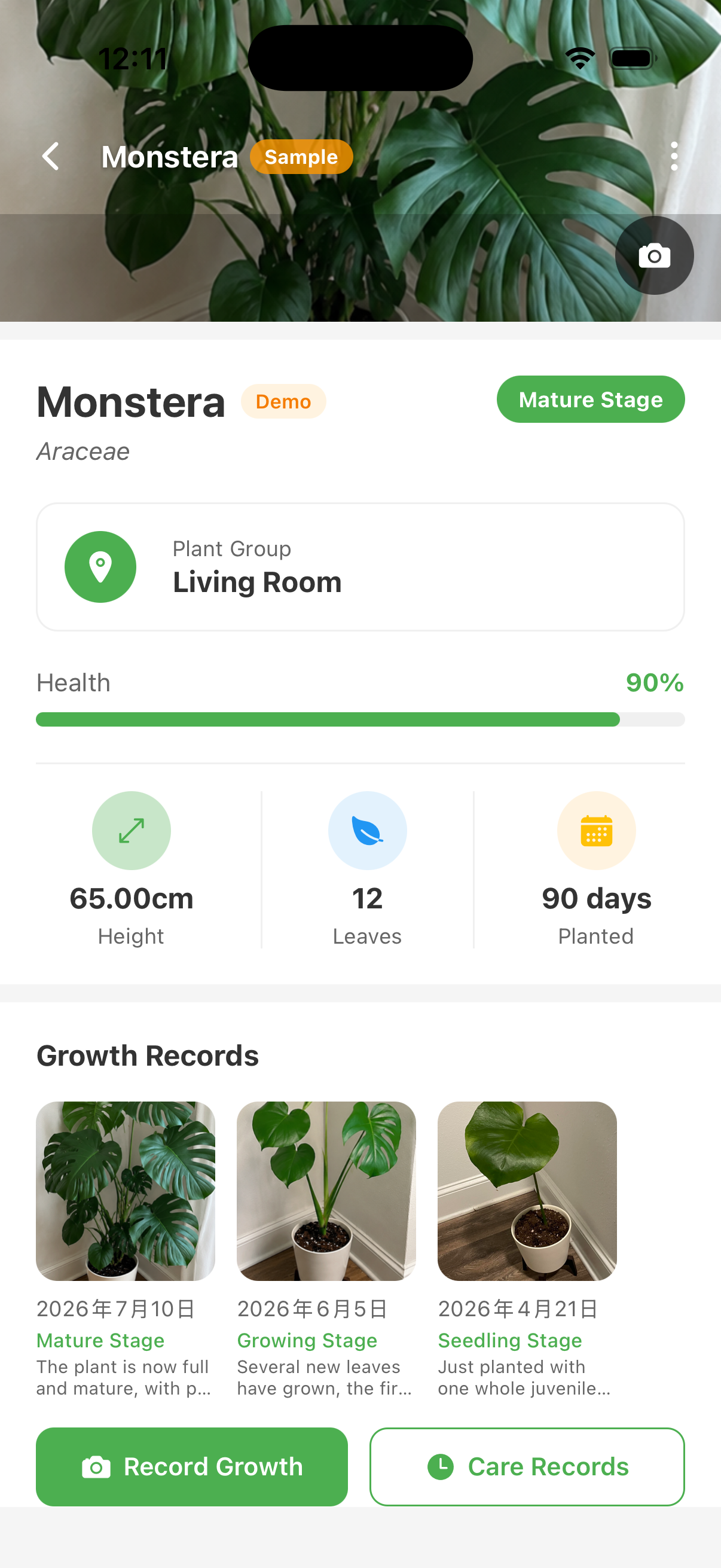 Plant profile with care and growth information