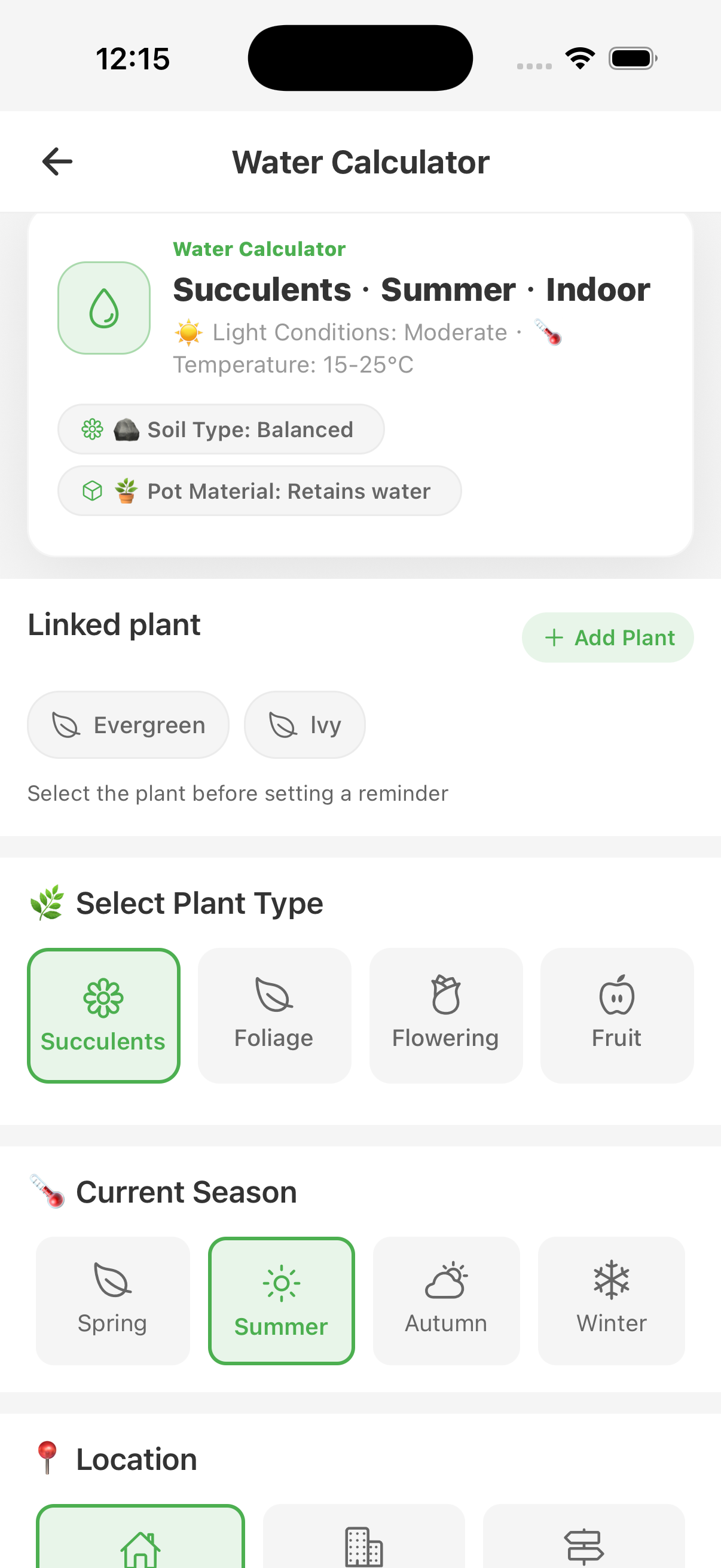 FoliagePal watering schedule calculator