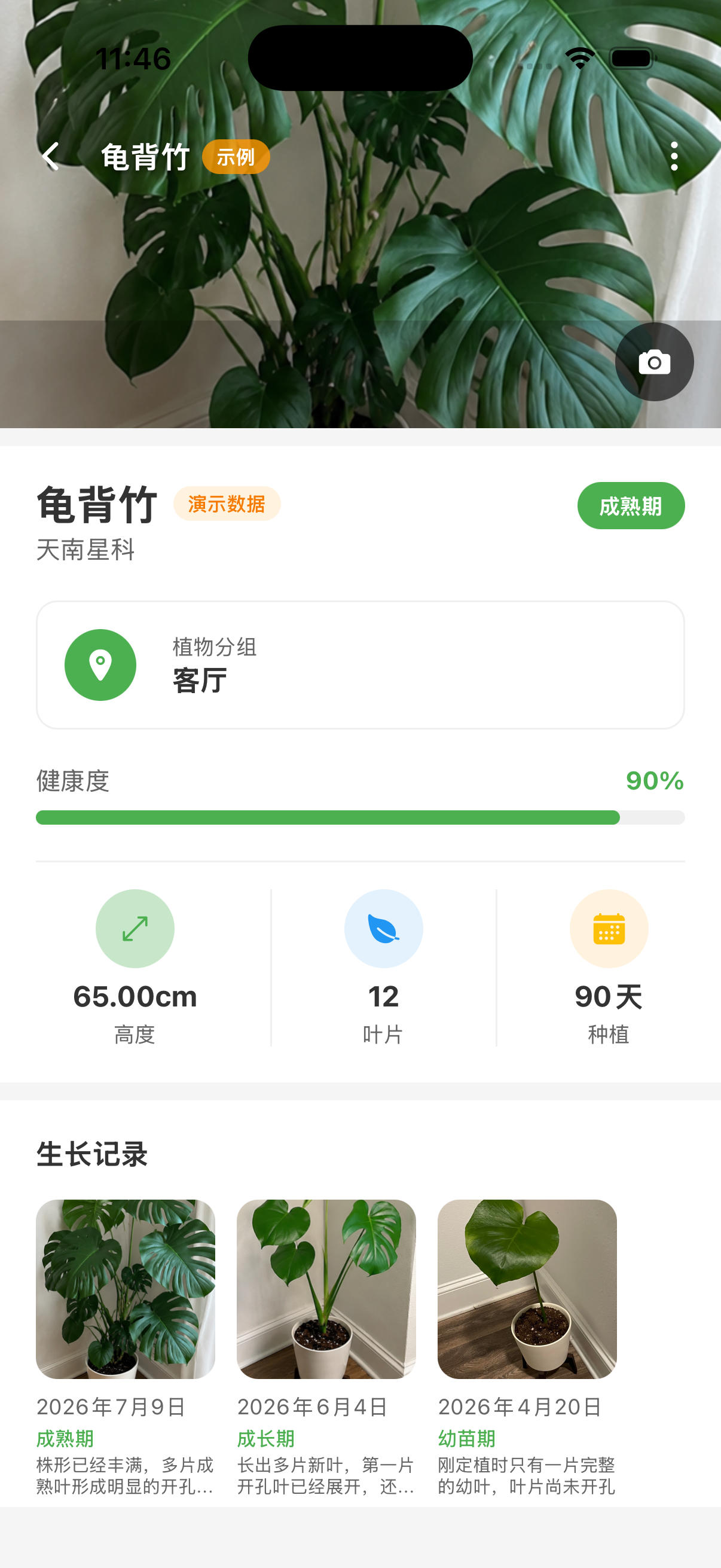 包含养护与成长信息的植物档案