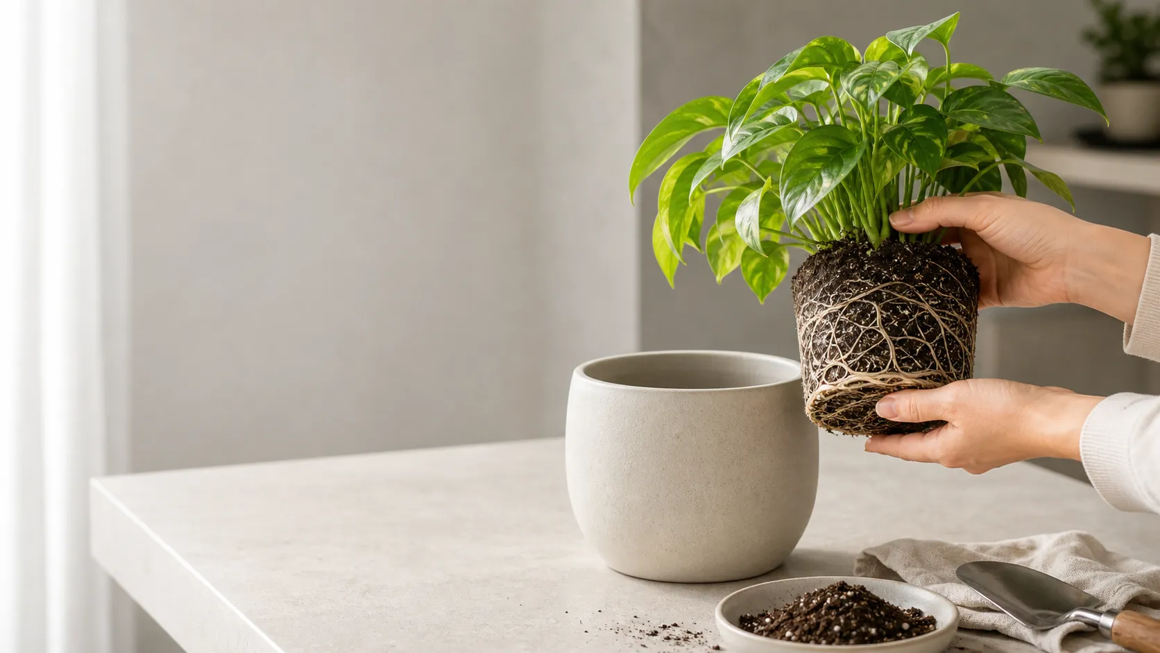 Inspecting houseplant roots and pot before repotting