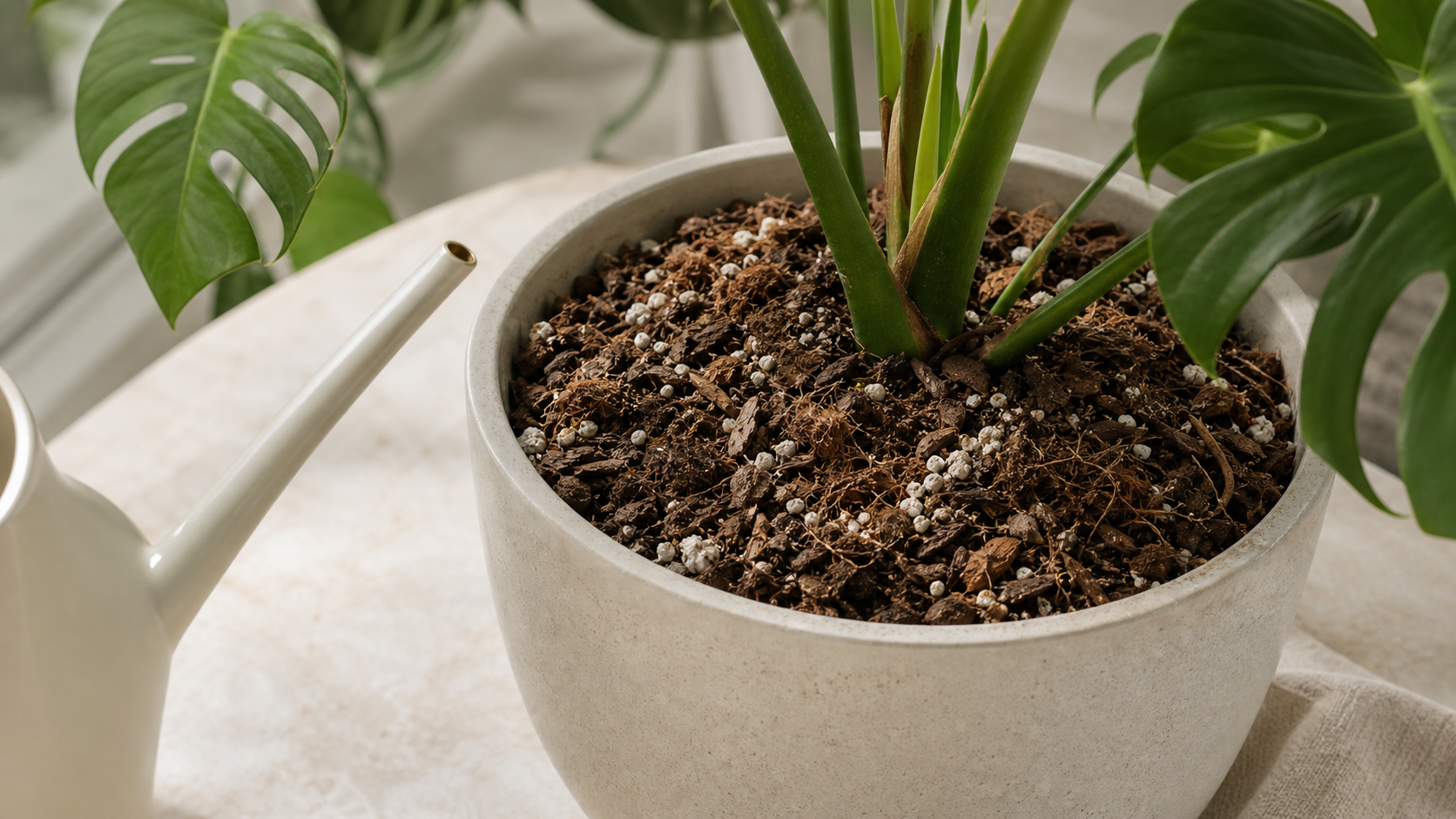 Airy potting mix and measured watering support healthy roots
