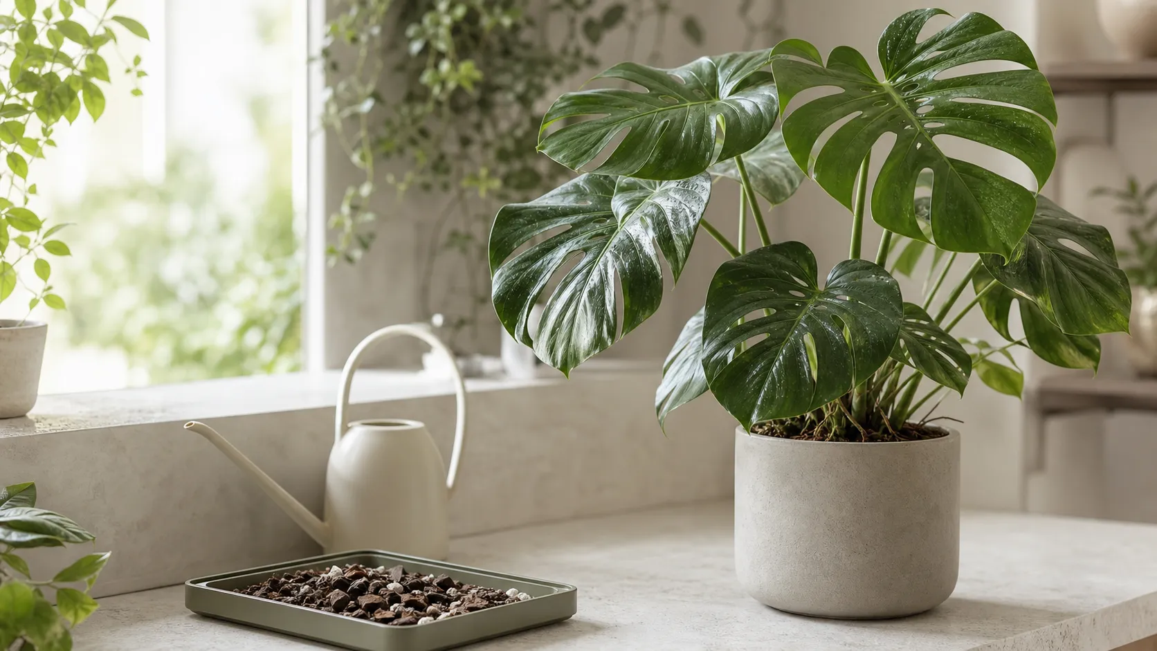 Checking Monstera potting mix and root condition